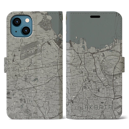 【ジャカルタ（インドネシア）】地図柄iPhoneケース（手帳タイプ）モノトーン・iPhone 13 用