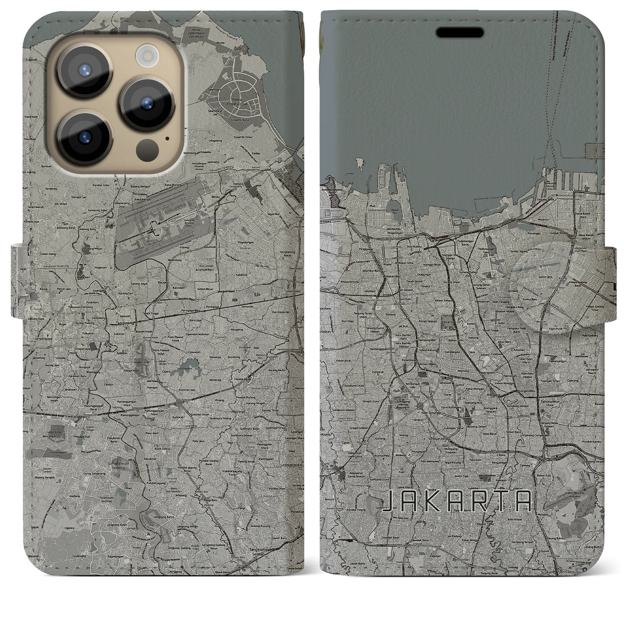 【ジャカルタ】地図柄iPhoneケース（手帳両面タイプ・モノトーン）iPhone 14 Pro Max 用