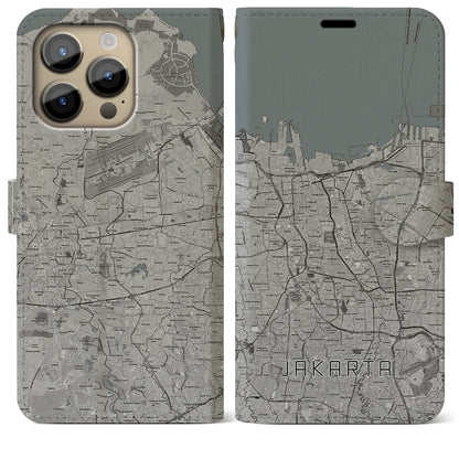 【ジャカルタ（インドネシア）】地図柄iPhoneケース（手帳タイプ）モノトーン・iPhone 14 Pro Max 用