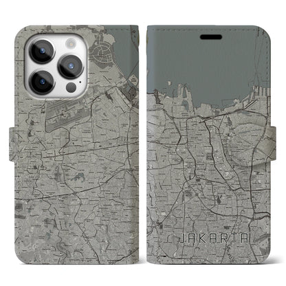 【ジャカルタ（インドネシア）】地図柄iPhoneケース（手帳タイプ）モノトーン・iPhone 14 Pro 用