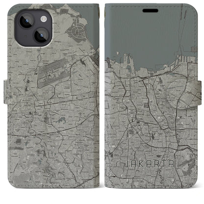 【ジャカルタ（インドネシア）】地図柄iPhoneケース（手帳タイプ）モノトーン・iPhone 14 Plus 用