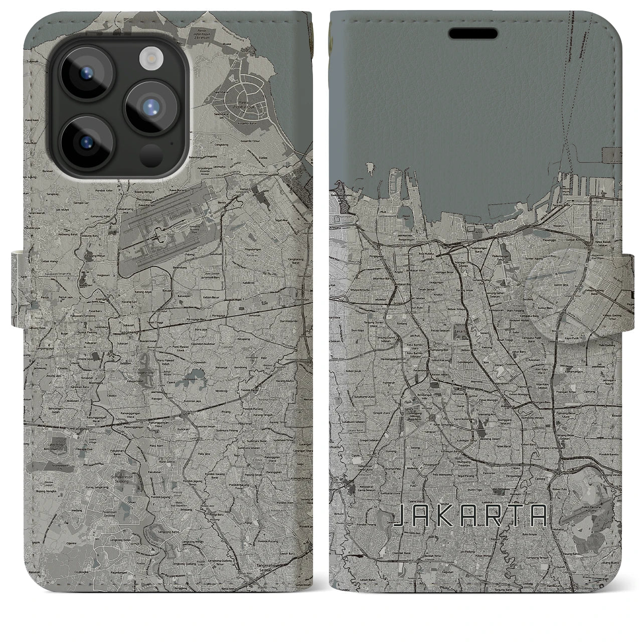 【ジャカルタ】地図柄iPhoneケース（手帳両面タイプ・モノトーン）iPhone 15 Pro Max 用