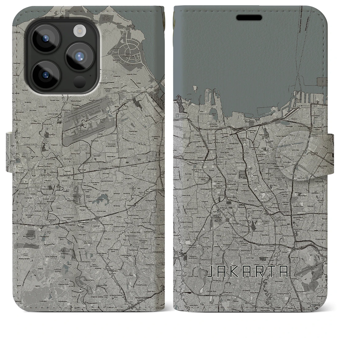 【ジャカルタ(インドネシア)】地図柄iPhoneケース(手帳タイプ)モノトーン・iPhone 15 Pro Max 用