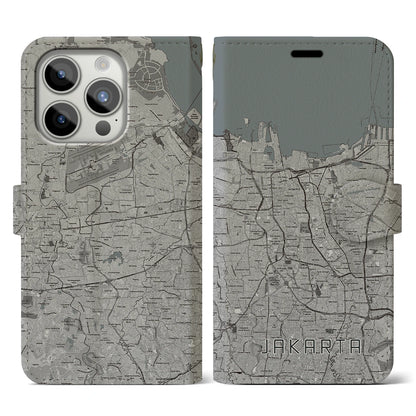 【ジャカルタ（インドネシア）】地図柄iPhoneケース（手帳タイプ）モノトーン・iPhone 15 Pro 用