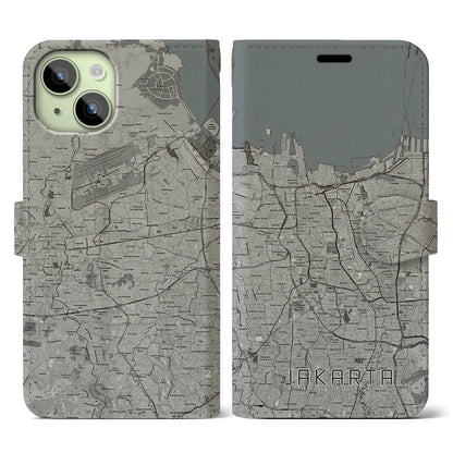 【ジャカルタ（インドネシア）】地図柄iPhoneケース（手帳タイプ）モノトーン・iPhone 15 用