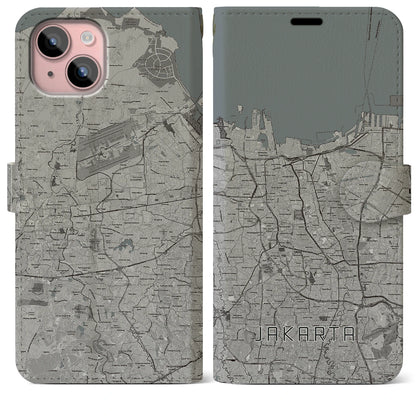 【ジャカルタ（インドネシア）】地図柄iPhoneケース（手帳タイプ）モノトーン・iPhone 15 Plus 用