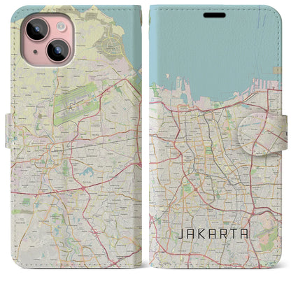 【ジャカルタ（インドネシア）】地図柄iPhoneケース（手帳タイプ）ナチュラル・iPhone 15 Plus 用