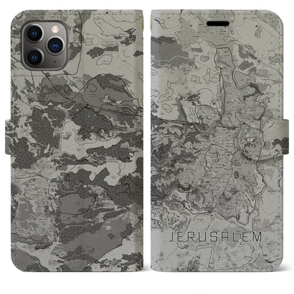 【エルサレム（イスラエル）】地図柄iPhoneケース（手帳タイプ）モノトーン・iPhone 11 Pro Max 用
