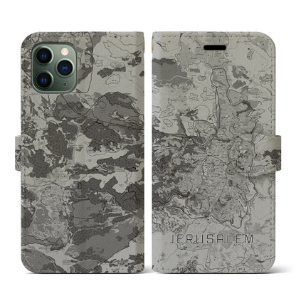 【エルサレム（イスラエル）】地図柄iPhoneケース（手帳タイプ）モノトーン・iPhone 11 Pro 用