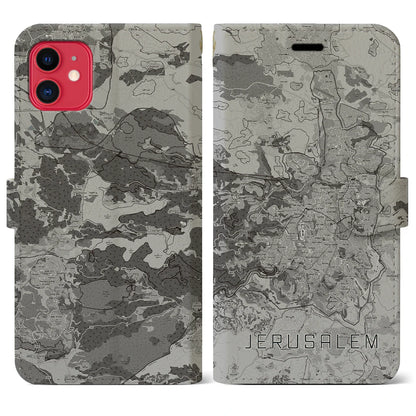 【エルサレム（イスラエル）】地図柄iPhoneケース（手帳タイプ）モノトーン・iPhone 11 用