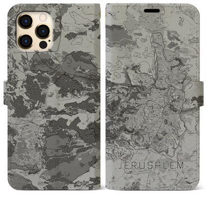 【エルサレム（イスラエル）】地図柄iPhoneケース（手帳タイプ）モノトーン・iPhone 12 Pro Max 用