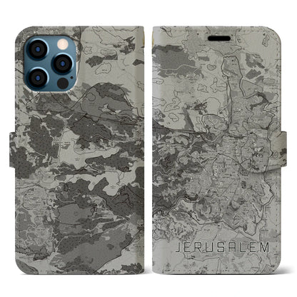 【エルサレム（イスラエル）】地図柄iPhoneケース（手帳タイプ）モノトーン・iPhone 12 / 12 Pro 用