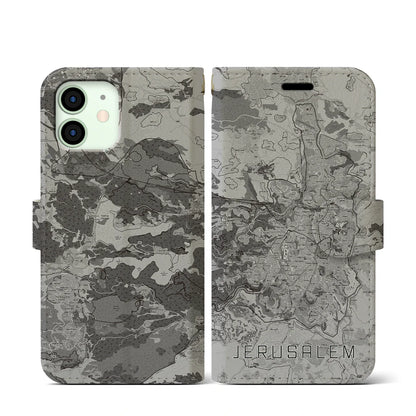 【エルサレム（イスラエル）】地図柄iPhoneケース（手帳タイプ）モノトーン・iPhone 12 mini 用