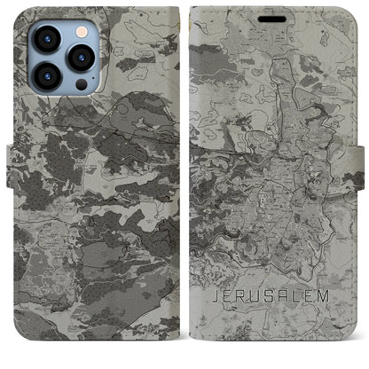 【エルサレム（イスラエル）】地図柄iPhoneケース（手帳タイプ）モノトーン・iPhone 13 Pro Max 用