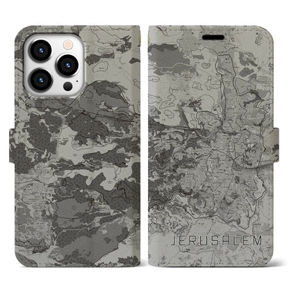 【エルサレム（イスラエル）】地図柄iPhoneケース（手帳タイプ）モノトーン・iPhone 13 Pro 用