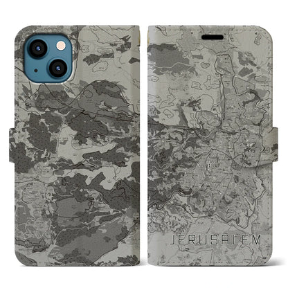 【エルサレム（イスラエル）】地図柄iPhoneケース（手帳タイプ）モノトーン・iPhone 13 用