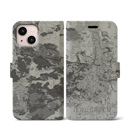 【エルサレム（イスラエル）】地図柄iPhoneケース（手帳タイプ）モノトーン・iPhone 13 mini 用