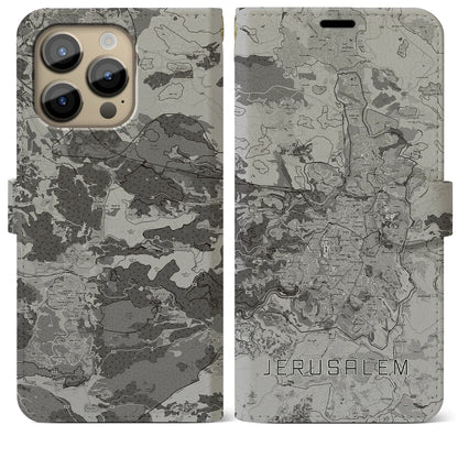 【エルサレム（イスラエル）】地図柄iPhoneケース（手帳タイプ）モノトーン・iPhone 14 Pro Max 用