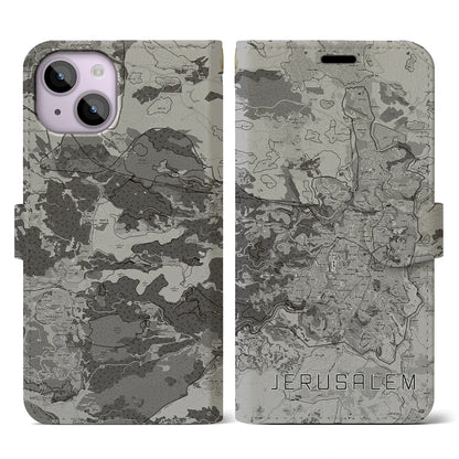 【エルサレム（イスラエル）】地図柄iPhoneケース（手帳タイプ）モノトーン・iPhone 14 用