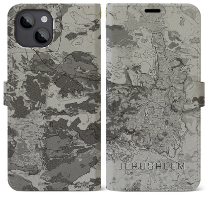 【エルサレム（イスラエル）】地図柄iPhoneケース（手帳タイプ）モノトーン・iPhone 14 Plus 用