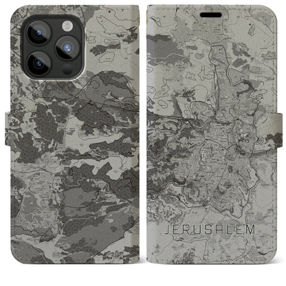 【エルサレム（イスラエル）】地図柄iPhoneケース（手帳タイプ）モノトーン・iPhone 15 Pro Max 用