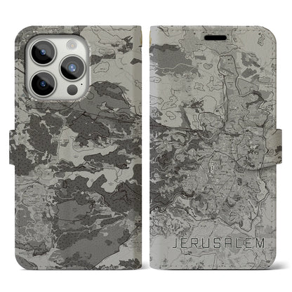 【エルサレム（イスラエル）】地図柄iPhoneケース（手帳タイプ）モノトーン・iPhone 15 Pro 用
