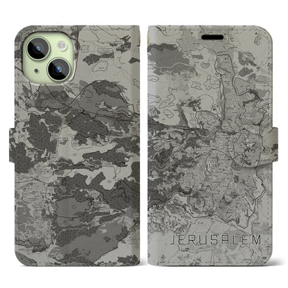 【エルサレム（イスラエル）】地図柄iPhoneケース（手帳タイプ）モノトーン・iPhone 15 用
