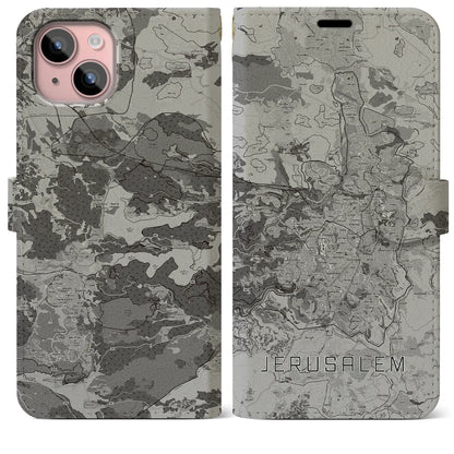 【エルサレム（イスラエル）】地図柄iPhoneケース（手帳タイプ）モノトーン・iPhone 15 Plus 用