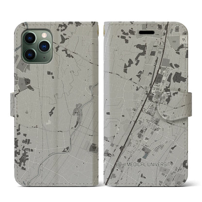 【自治医大（栃木県）】地図柄iPhoneケース（手帳タイプ）モノトーン・iPhone 11 Pro 用