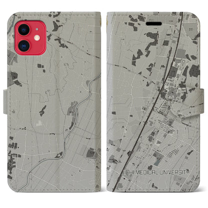 【自治医大（栃木県）】地図柄iPhoneケース（手帳タイプ）モノトーン・iPhone 11 用
