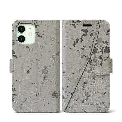 【自治医大（栃木県）】地図柄iPhoneケース（手帳タイプ）モノトーン・iPhone 12 mini 用