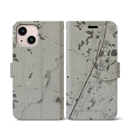 【自治医大（栃木県）】地図柄iPhoneケース（手帳タイプ）モノトーン・iPhone 13 mini 用