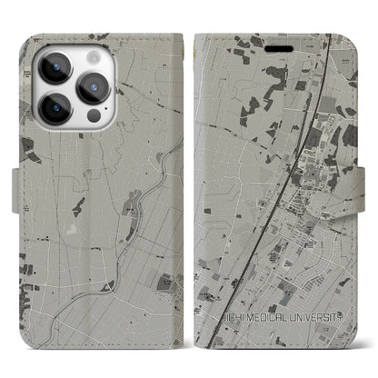 【自治医大（栃木県）】地図柄iPhoneケース（手帳タイプ）モノトーン・iPhone 14 Pro 用