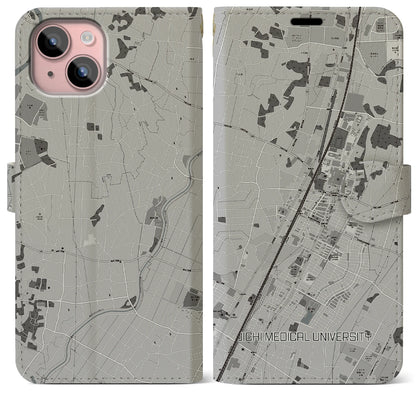 【自治医大（栃木県）】地図柄iPhoneケース（手帳タイプ）モノトーン・iPhone 15 Plus 用