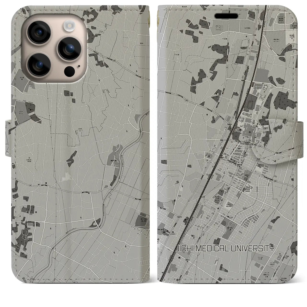 【自治医大（栃木県）】地図柄iPhoneケース（手帳タイプ）モノトーン・iPhone 16 Plus 用