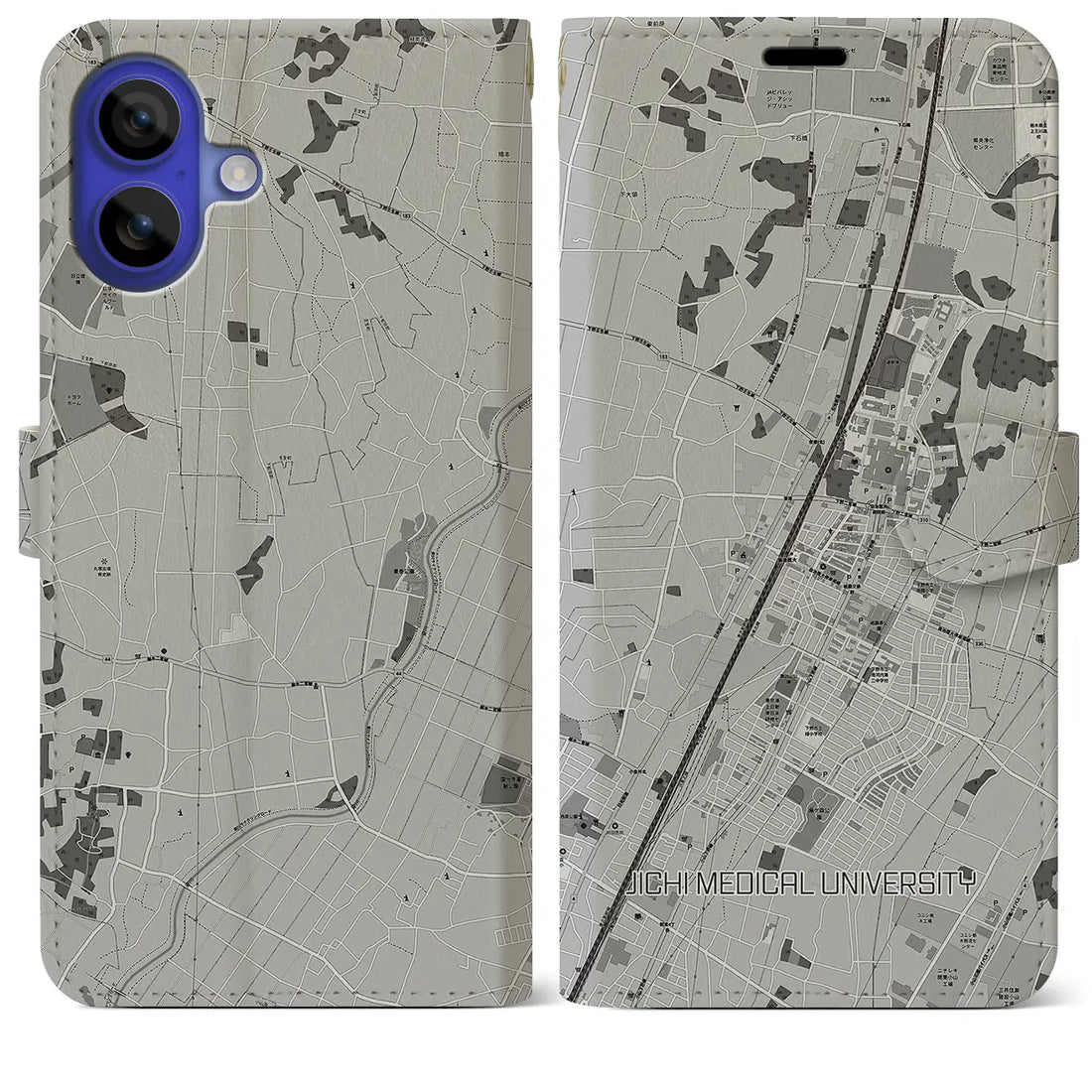 【自治医大(栃木県)】地図柄iPhoneケース(手帳タイプ)モノトーン・iPhone 16 Pro Max 用