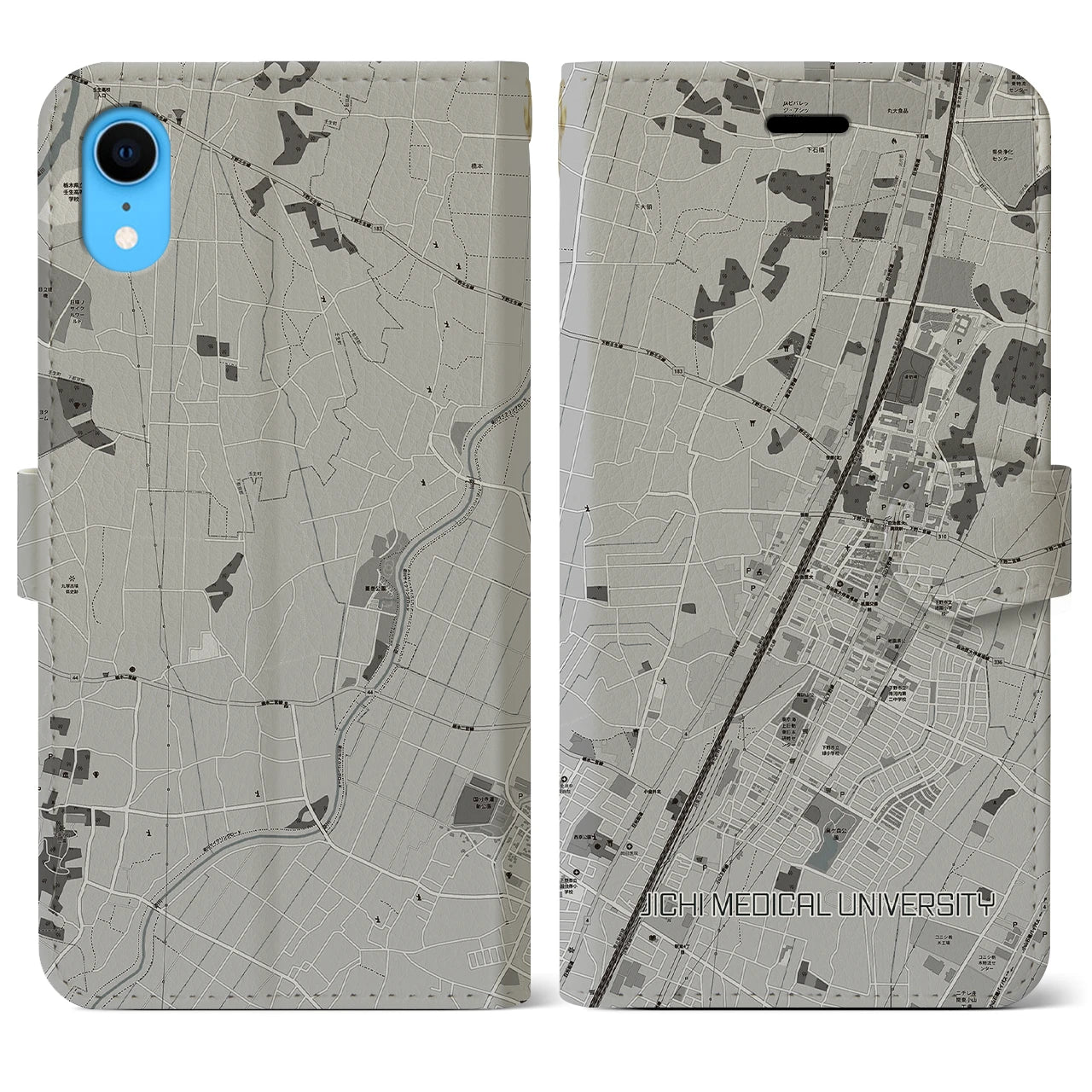【自治医大】地図柄iPhoneケース（手帳両面タイプ・モノトーン）iPhone XR 用