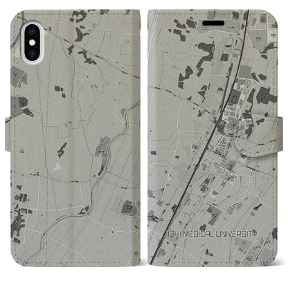 【自治医大（栃木県）】地図柄iPhoneケース（手帳タイプ）モノトーン・iPhone XS Max 用