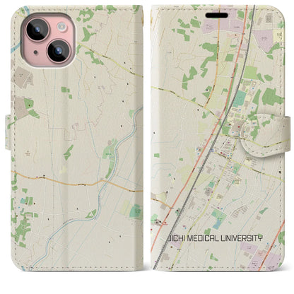 【自治医大（栃木県）】地図柄iPhoneケース（手帳タイプ）ナチュラル・iPhone 15 Plus 用
