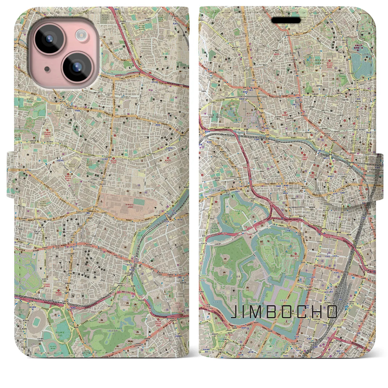 【神保町（東京都）】地図柄iPhoneケース（手帳タイプ）ナチュラル・iPhone 15 Plus 用