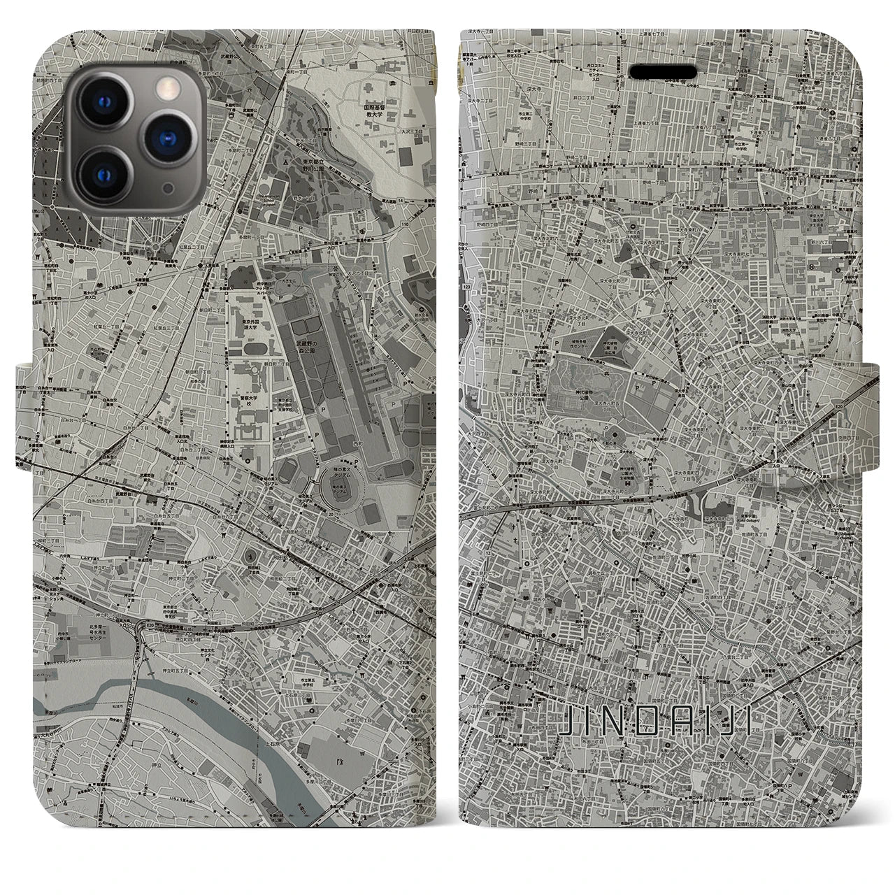 【深大寺】地図柄iPhoneケース（手帳両面タイプ・モノトーン）iPhone 11 Pro Max 用