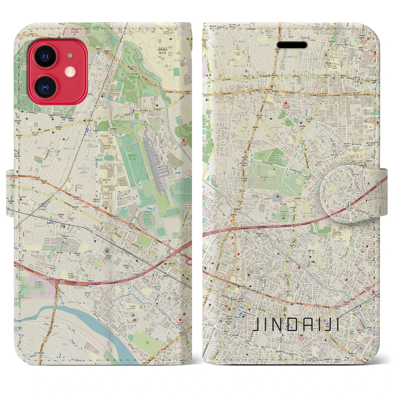 【深大寺（東京都）】地図柄iPhoneケース（手帳タイプ）ナチュラル・iPhone 11 用