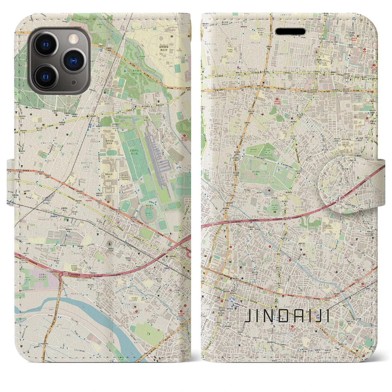 【深大寺（東京都）】地図柄iPhoneケース（手帳タイプ）ナチュラル・iPhone 11 Pro Max 用