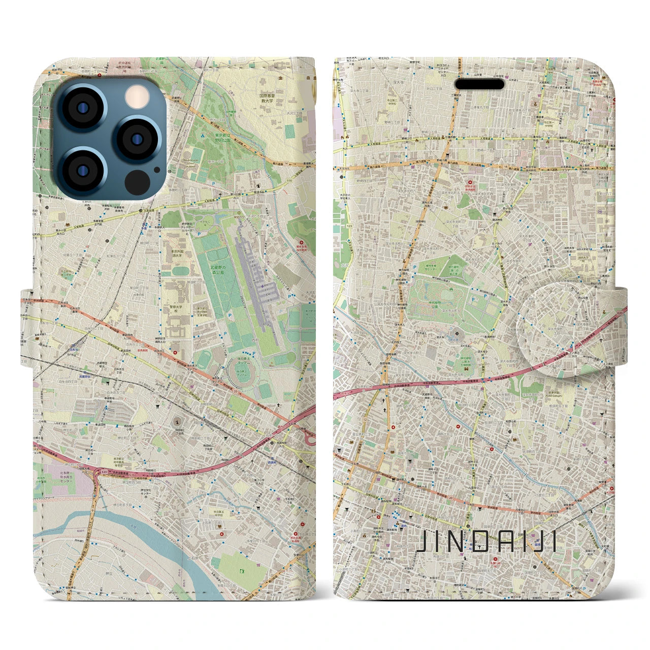 【深大寺（東京都）】地図柄iPhoneケース（手帳タイプ）ナチュラル・iPhone 12 / 12 Pro 用