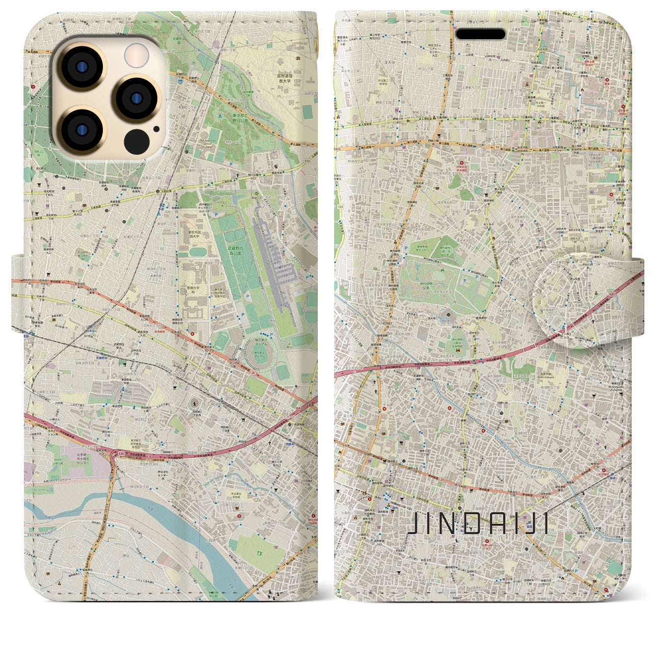 【深大寺（東京都）】地図柄iPhoneケース（手帳タイプ）ナチュラル・iPhone 12 Pro Max 用