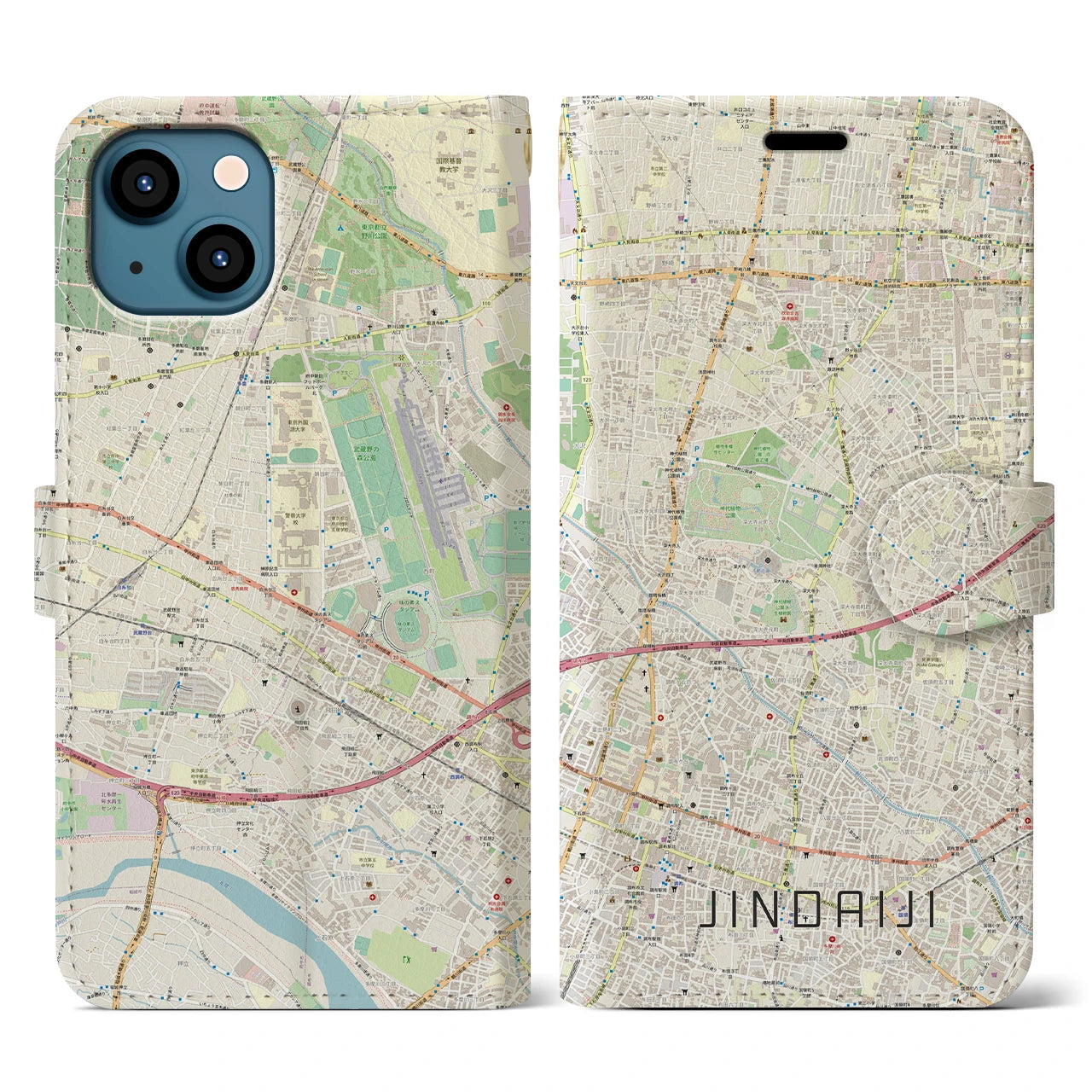 【深大寺（東京都）】地図柄iPhoneケース（手帳タイプ）ナチュラル・iPhone 13 用