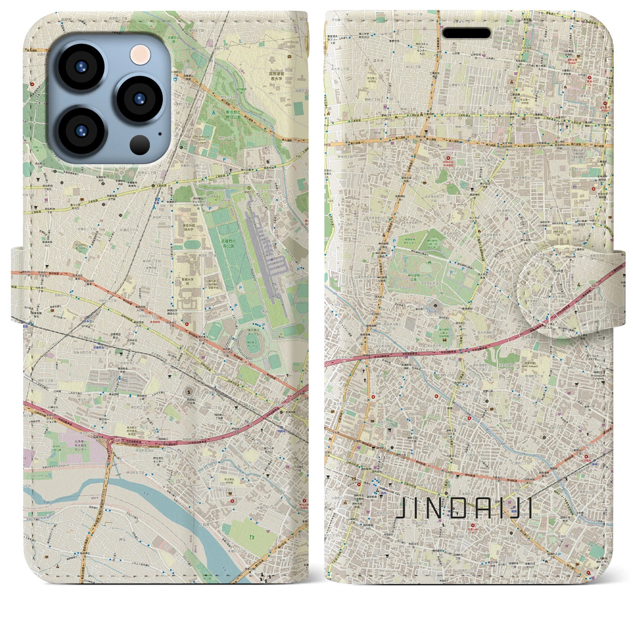 【深大寺（東京都）】地図柄iPhoneケース（手帳タイプ）ナチュラル・iPhone 13 Pro Max 用