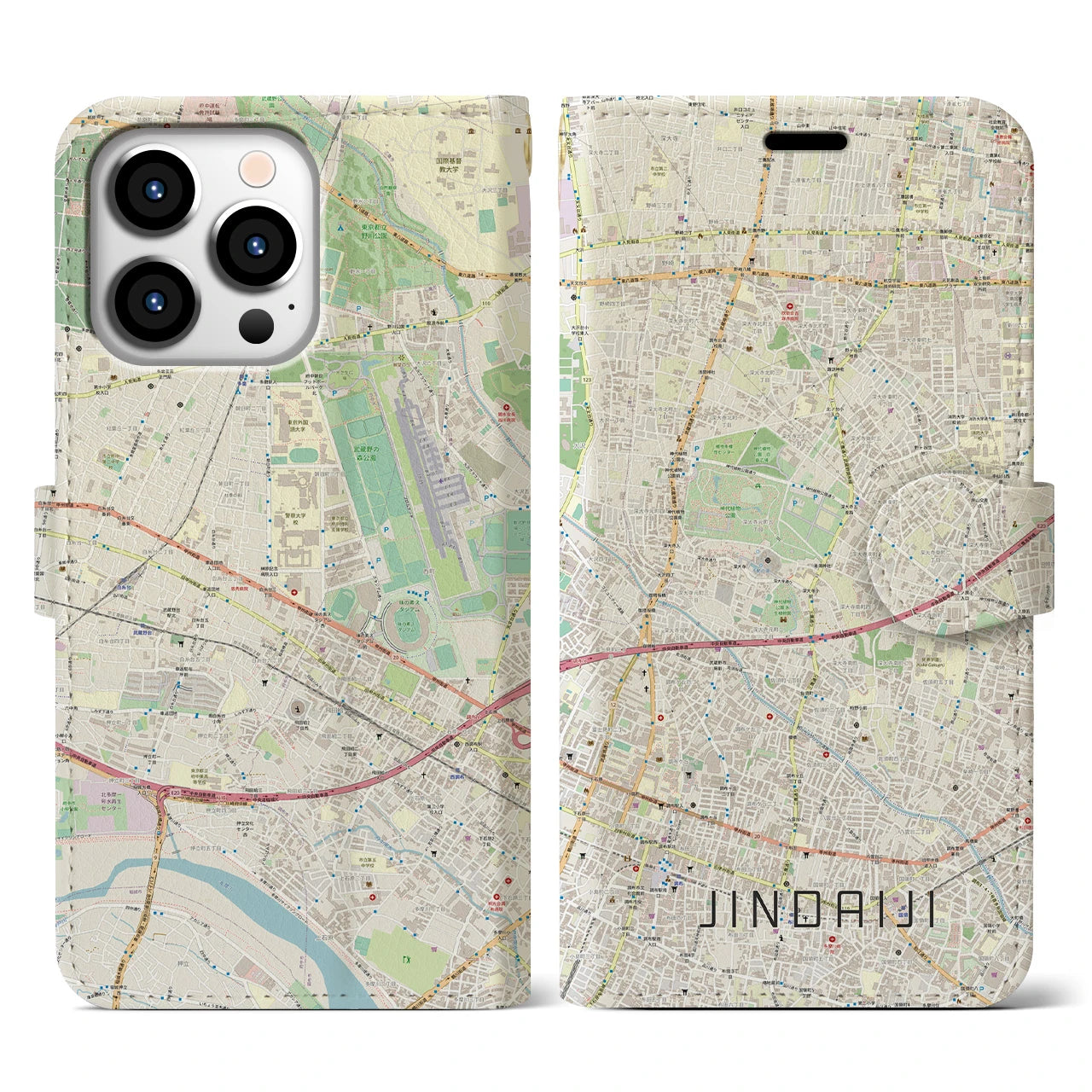 【深大寺（東京都）】地図柄iPhoneケース（手帳タイプ）ナチュラル・iPhone 13 Pro 用