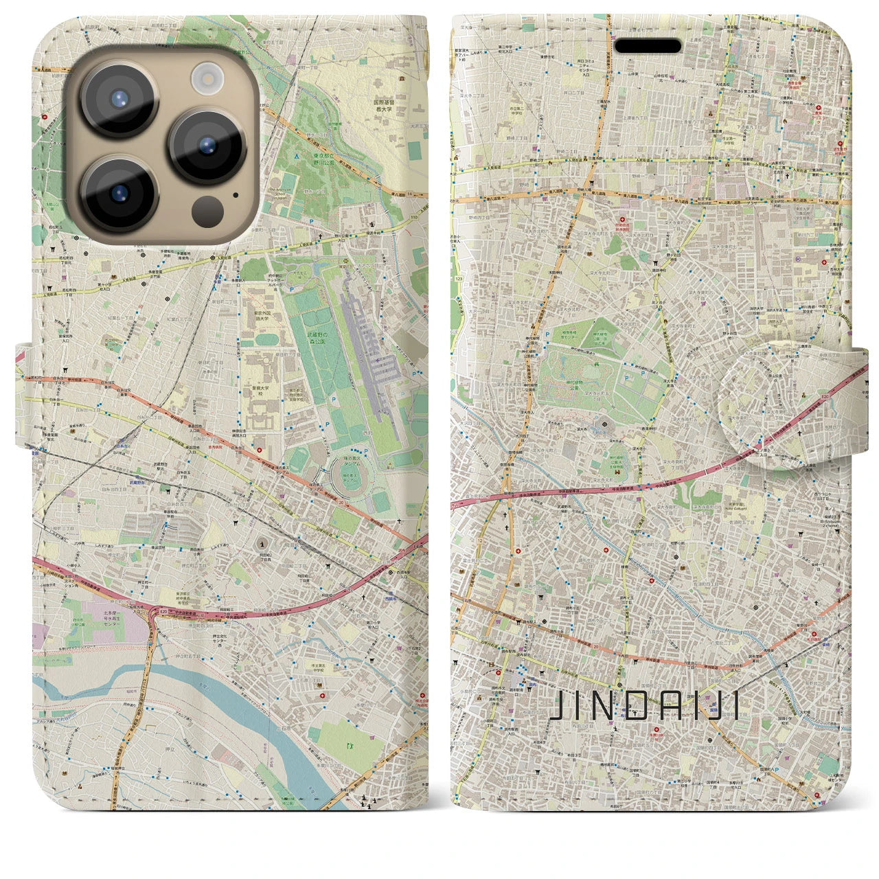 【深大寺（東京都）】地図柄iPhoneケース（手帳タイプ）ナチュラル・iPhone 14 Pro Max 用