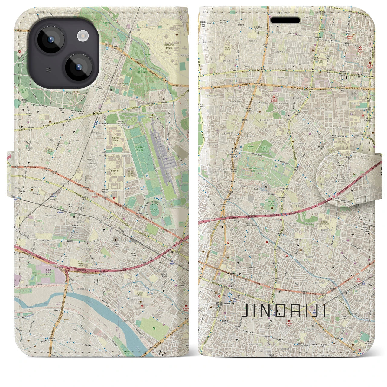 【深大寺（東京都）】地図柄iPhoneケース（手帳タイプ）ナチュラル・iPhone 14 Plus 用